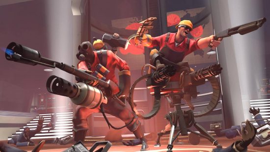 Best Multiplayer games - the Pyro and the Engineer shooting at enemies in Team Fortress 2.