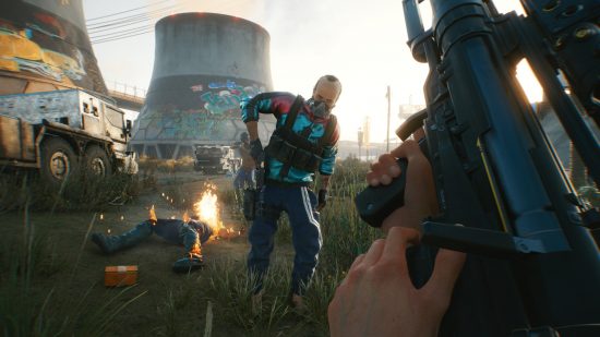 Cyberpunk 2077 ads mod: A bandit approaches, pulling a pistol from a hip holster, with the cooling tower of a nuclear power plant visible in the background