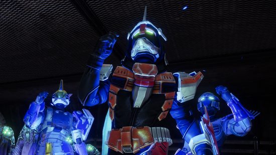 Destiny 2 god roll Solar gun is available for F2P Guardians to grind: Three Guardians stand in the Tower during Festival of the Lost.