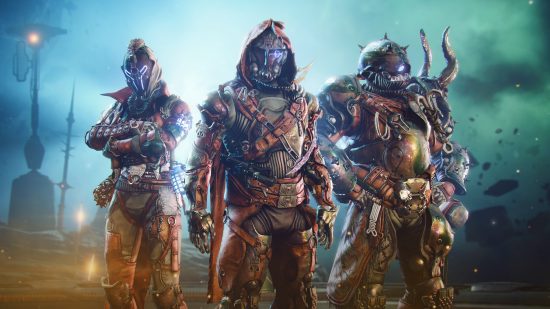 Destiny 2 Hotfix truly, definitely didn't add new content, Bungie says: Three Guardians stand in seasonal gear from Season of the Plunder.