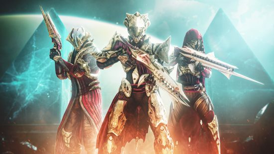 Destiny 2 King's Fall loot table weapons, god rolls, and armor: A Warlock, a Titan, and a Hunter show off their Kings Fall raid gear.