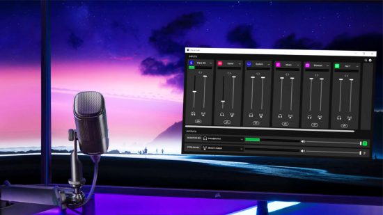 The Elgato Wave DX microphone next to a monitor with the Wave software up, showing all the dials you can alter