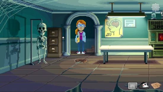 Free GOG games - Delores enters a coroner's office which has an empty examining table, a skeleton and a poster showing the anatomy of the human brain.