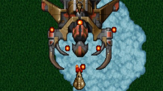 Free GOG games - a spaceship shooting at a bigger spider-like spaceship in Tyrian 2000.