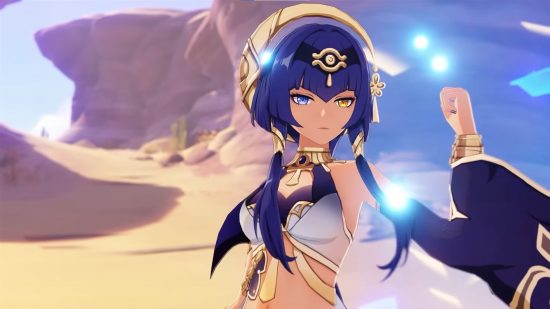 Genshin Impact event offers free Primogems for photos of Sumeru desert: anime girl with blue hair and heterochromia