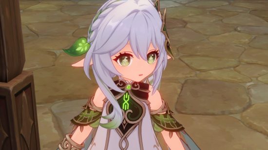 Genshin Impact leak shows Nahida reading minds with Elemental Skill: anime girl with white hair and green eyes