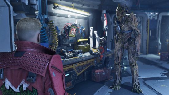 Gotham Knights need more Marvel's Guardians of the Galaxy as Star-Lord chats with Rocket Raccoon and Groot on the workbench