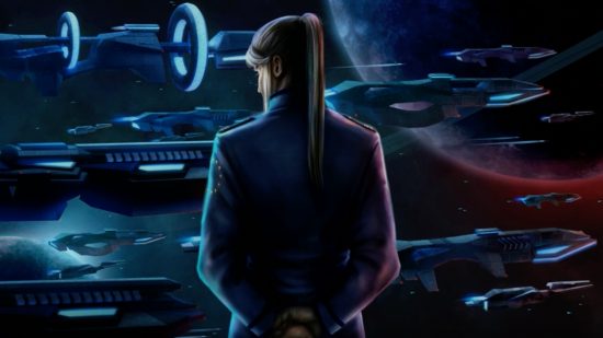 Grand strategy game The Pegasus Expedition soon lands in Early Access: The backside view of a woman looking out over a series of planetary images.