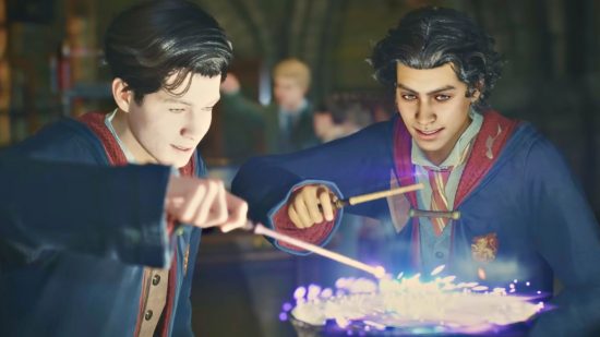 : two Hogwarts students brewing some sort of potion using their wands