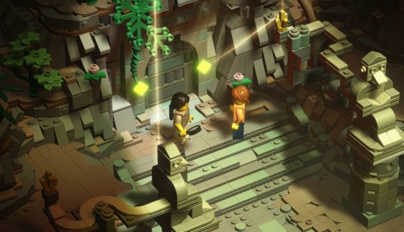 Lego Bricktales - Two Lego minifigures stand outside an ancient jungle tomb