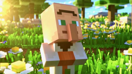 Minecraft Legends gameplay shows the Piglin invasion in action: a villager looks up to the sky