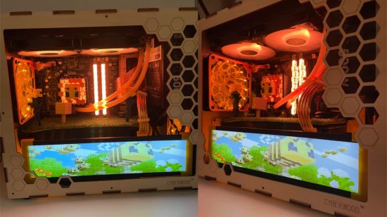 A gaming PC based on Minecraft Bees glows orange with bee themes throughout