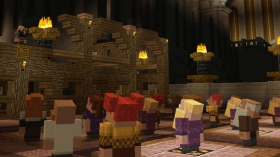 Minecraft console commands - a dwarf-like villager is addressing an audience of other dwarves inside the huge hall in the mines.
