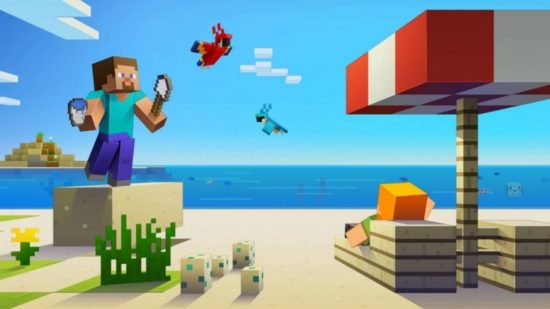 Minecraft -konsolkommandoer - Steve bruger vand og en spade til at lave en sandcastle. Alex ligger på en solstol i skyggen og ser ud til havet. To papegøjer flyver over hovedet