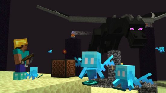 Minecraft console commands: Steve equipped with diamond boots, a gold helmet, and a fishing rod, is using Allays to gather Ender Pearls while listening to his music box.  The Ender Dragon is attacking overhead.