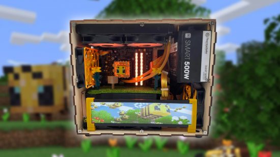 The Minecraft gaming PC against a backdrop of bees