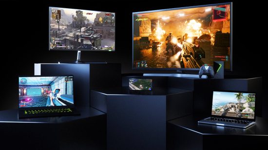 Nvidia GeForce Now cloud gaming on several devices, from a TV to a PC, laptop, and smartphone