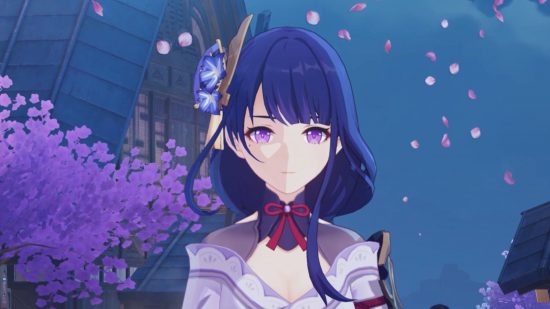 Genshin Impact character with blue hair stands with a backdrop of blossom petals falling in 13K resolution, thanks to Nvidia RTX 4090