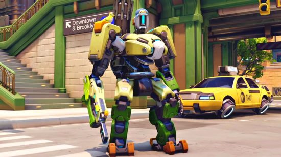 Overwatch 2 Bastion exploit is as hilarious as it is devastating: Overwatch 2 Bastion stands in a city street and is in the middle of the image