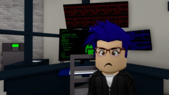 Robox hack returns, banning innocent players from the platform: A Roblox avatar stands in front of several computer screens that appear to show lines of code.