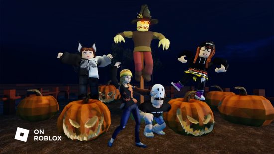 Roblox Hot Topic collab brings mall goth skins to the metaverse: Several Roblox avatars in Hot Topic Halloween Forever avatar gear designs stand in a Halloween-themed backdrop.