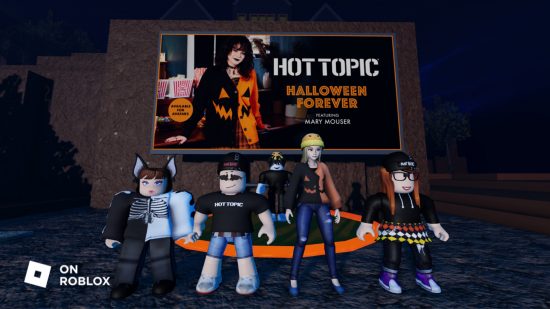 Roblox Hot Topic collab brings mall goth fashion to the metaverse: An example of a Hot Topic billboard in Roblox's metaverse.