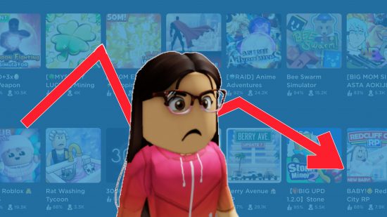 Analyst expresses scepticism over Roblox's metaverse vision: A Roblox avatar on a blue background with a stock market crash indicator behind her.
