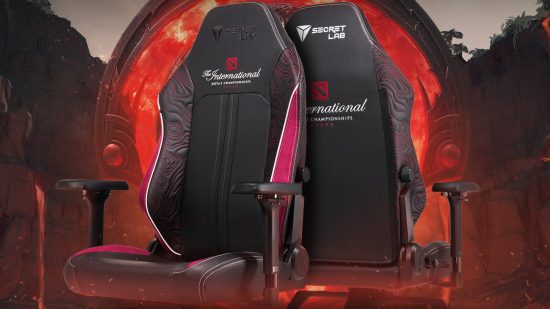 Secretlab's Dota 2 The International 11 gaming chair, front and back, with a volcanic background