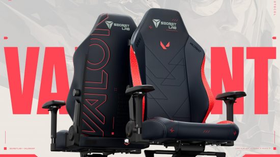 Valorant secret lab setup with red and black gaming chairs