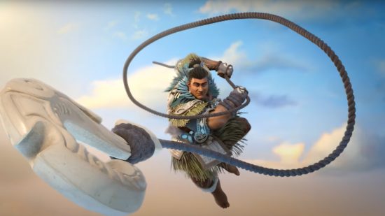 Newest Smite god is Maui, complete with his legendary fish hook: Maui showcases his legendary fish hook by swinging it forward.