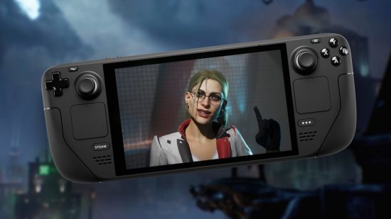 Harley Quinn appears on the screen of a Steam Deck to the backdrop of Gotham Knights' Gotham City