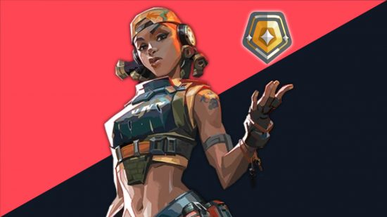 Valorant rank low Riot reason: Raze holds a gold rank badge in her left hand
