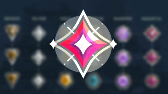Valorant Immortal leaderboard will become more exclusive in patch 5.08: A large badge with a grey circular background and red star with white center on a blurry background with more badges