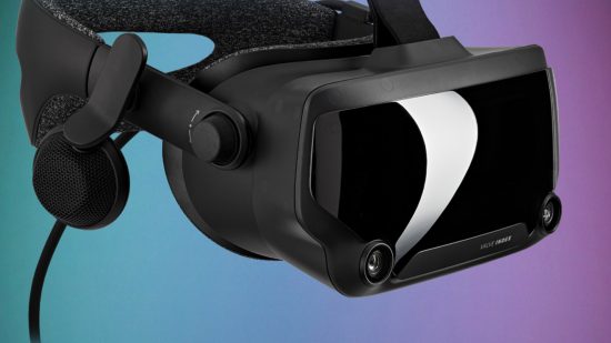 The Valve Index VR headset is black with a shiny front panel, against a pueple and blue background