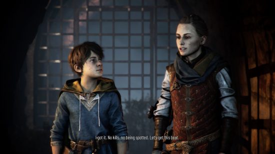 A Plague Tale Requiem review: A young boy looks up at a girl with brown hair in a braid with an old medieval gate in the background
