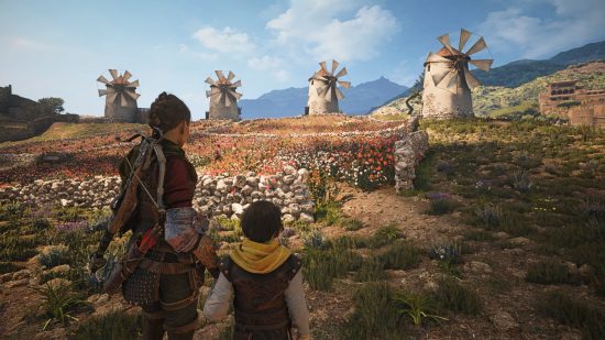 A Plague Tale: Requiem windmill puzzle solution - The game's protagonists Amicia (left) and Hugo (right) stand in a field of lowers, looking up the hill towards four windmills