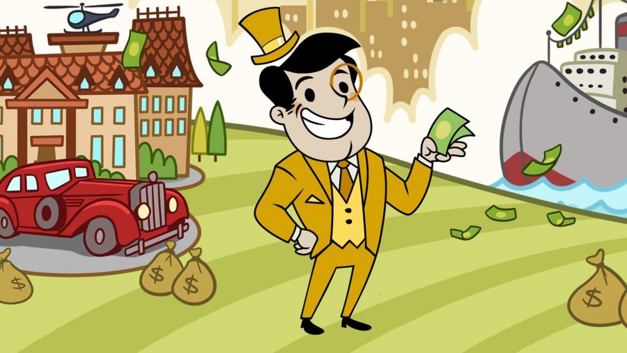 Key art for Adventure Capitalist, showing a man in a gold suit surrounded by money