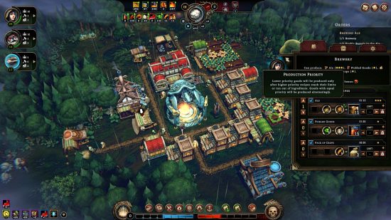 Against the Storm - a game screen of a city being built in a forest, with menus adjusting production at one of the buildings