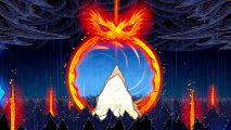 Against the Storm - a towering mountain in a range, with a large flaming ring culminating in a flaming eye mask at the top