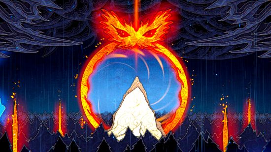 Against the Storm - a towering mountain in a range, with a large flaming ring culminating in a flaming eye mask at the top