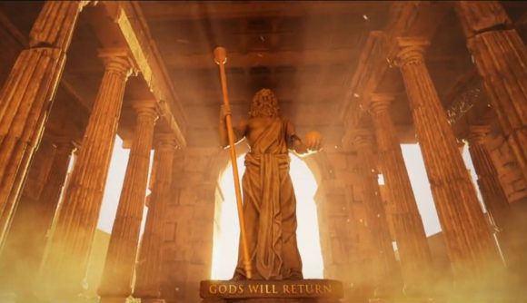 Age of Mythology: Retold announced: A statue of Zeus in an ancient Greek temple with the words GODS WILL RETURN carved on the plinth