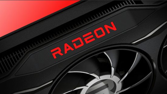 A close up of an AMD Radeon graphics card, against a red-white background