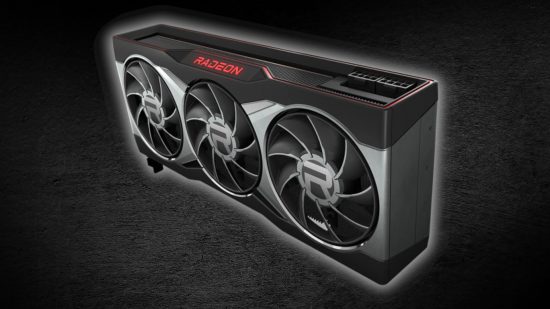 An AMD Radeon RX 6900 XT graphics card, surrounded by a white glow, against a dark stone background