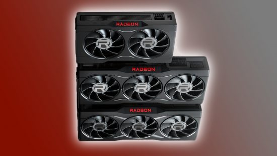AMD Radeon RX graphics cards stacked on top of each other, against a red-grey background