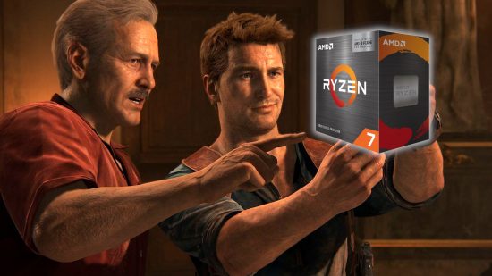 Uncharted 4 protagonists Sully (left), Nathan Drake (centre), holding an AMD Ryzen 7 5800X3D CPU (right)