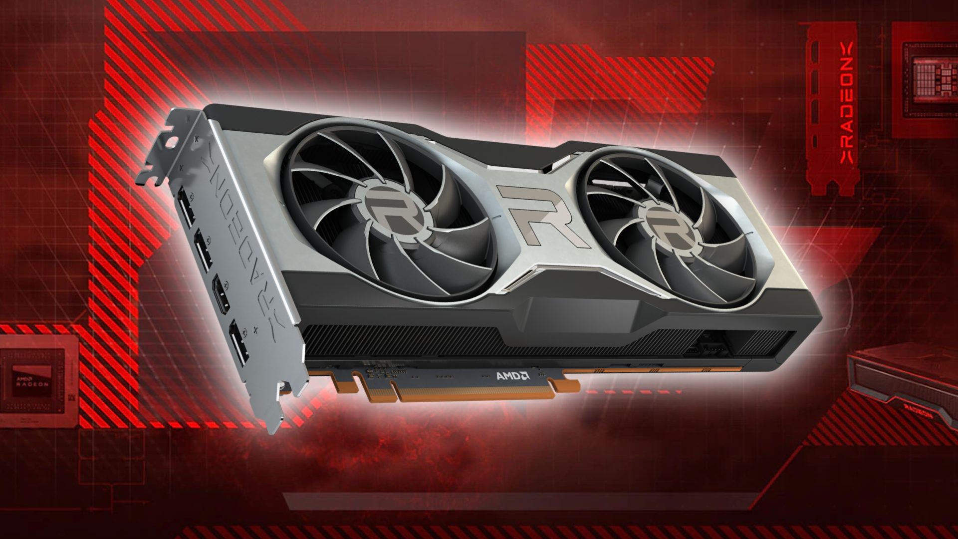 AMD Radeon RX 7900 XT: RDNA 2 graphics card with red branding background