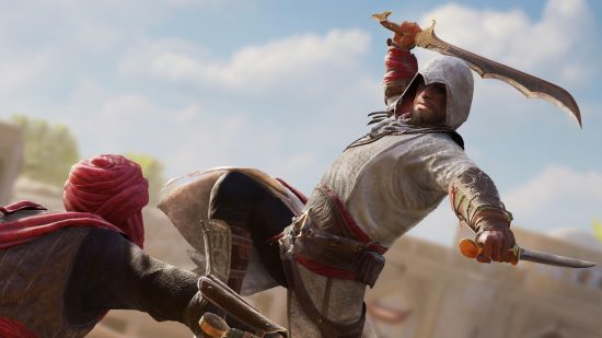 Multiplayer Creed Assassin dikonfirmasi oleh Ubisoft dari For Honor Devs. Seorang Assassin Bertutup Putih, Basim, dari Assassin's Creed Mirage menyerang musuh