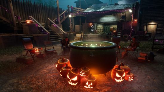 Back 4 Blood October update: A bubbling cauldron surrounded by glowing jack 'o lanterns inside the safety of the Fort Hope stockade