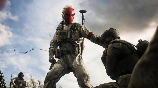 Battlefield 2042 Liquidators event: A figure in a white hazmat suit and a red protective mask stands over a dying soldier