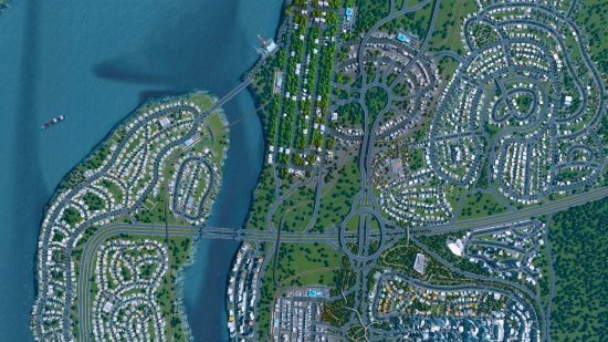 An aerial view of a well-planned city in one of the best building games, Cities Skylines